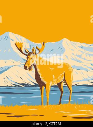 WPA-Plakatkunst eines erwachsenen männlichen Elchs oder Elchs im Denali National Park und Preserve oder Mount McKinley in Alaska USA USA in Works-Projekt durchgeführt Stockfoto