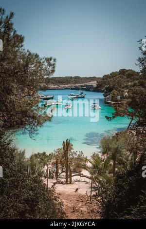 Ein schöner Blick auf einen Strand Cala Mitjana mit Booten in Mallorca unter dem klaren Himmel Stockfoto