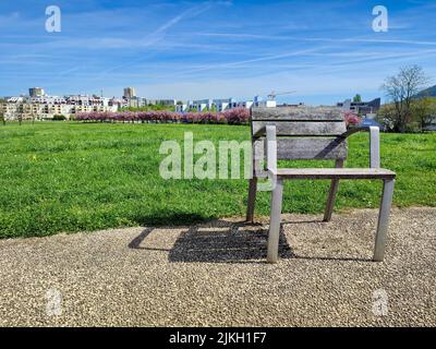 Eine alte Holzbank am grünen Gras mit Bäumen in einem Park, umgeben von Gebäuden gegen einen bewölkten Himmel Stockfoto