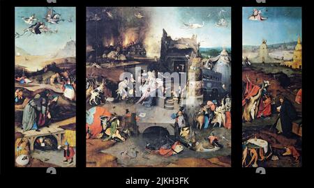 Triptychon DIE VERSUCHUNG DES HEILIGEN ANTONIUS, gemalt 1505-1506 von Hieronymus Bosch. Übernatürliche Versuchungen, denen der heilige Einsiedler ausgesetzt war. Im Stockfoto