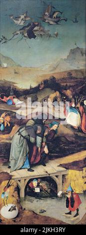 DIE VERSUCHUNG DES HEILIGEN ANTONIUS, gemalt 1505-1506 von Hieronymus Bosch. Übernatürliche Versuchungen, denen der heilige Einsiedler ausgesetzt war. Bild von al Stockfoto