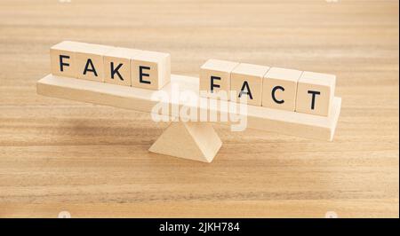 Fake Fact Worte auf Holzblock auf einer hölzernen Wippe Stockfoto
