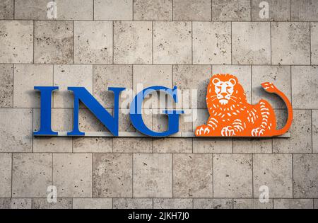 Amsterdam, Nordholland, Niederlande, 30.07.2022, Logo der ING Group, einem niederländischen multinationalen Bank- und Finanzdienstleistungskonzern mit Hauptsitz Stockfoto