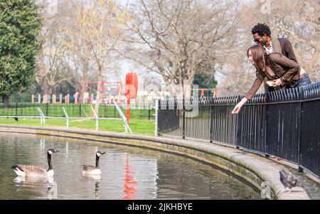 Park Friends; Sonntagnachmittag. Ein junges gemischtes Rennpaar genießt sich in einem Londoner Park. Aus einer Reihe von Bildern. Stockfoto