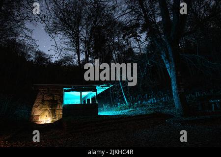 Ein kleines Haus mit blauem Neonlicht im Wald unter Sternenhimmel Stockfoto