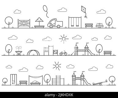 Kinderspielplatz mit Schaukeln, Sandkasten und Bank im Park. Unterhaltung im Kinderbereich. Skizzieren Sie Stadtlandschaften. Vektorset Stock Vektor