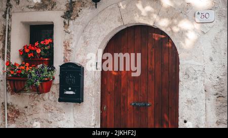 Vielzahl von Klopfern und Griffen an alten Türen in Italien. Alter Metallgriff an einer Holztür. Kunstwerke Stockfoto