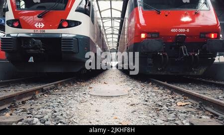 Moderne Elektrozüge stehen am Bahnhof in Zürich, Schweiz Stockfoto