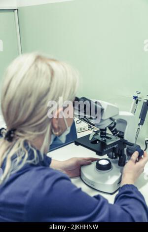 Eine Aufnahme einer Wissenschaftlerin, die in einem Labor durch ein binokulares biologisches Mikroskop schaut Stockfoto