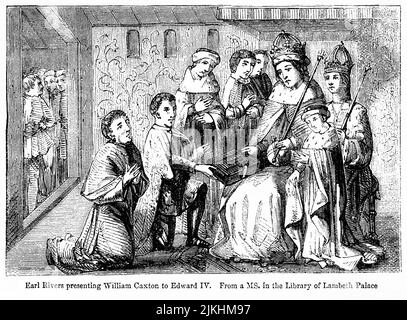 Earl Streans präsentiert William Caxton Edward IV., Illustration aus dem Buch, „John Cassel’s Illustrated History of England, Volume II“, Text von William Howitt, Cassell, Petter und Galpin, London, 1858 Stockfoto