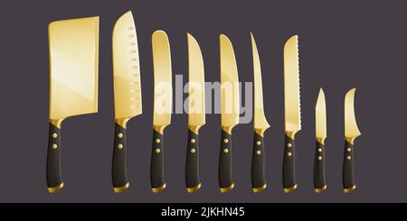 Küchenmesser, Küchenbesteck zum Kochen, Schneiden und Schnitzen von Speisen. Vector realistischer Satz von 3D Messern verschiedene Typen mit golden scharfen Klingen und schwarzen Griffen isoliert auf dem Hintergrund Stock Vektor