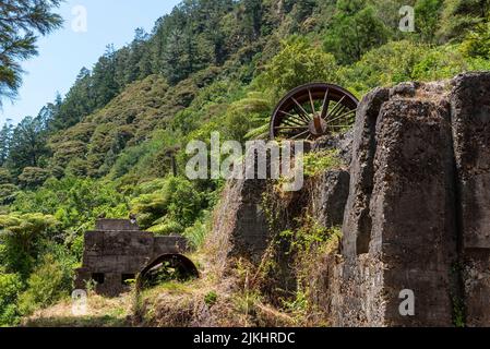 Überreste einer alten Stempelbatterie in Karangahake aus der vergangenen Goldrauschzeit, Coromandel Peninsula, Neuseeland Stockfoto