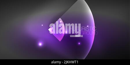 Glänzende Neon geometrische abstrakte Hintergrund. Leuchtende Lichter auf runden Formen, Dreiecken und Kreisen. Wallpaper für Konzept der KI-Technologie, Blockchain, c Stock Vektor