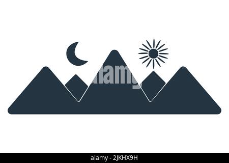 Bergsymbol. Hügel mit Mond und Sonne minimalistisches flaches Schild oder Etikett. Einfaches schwarzes Alp-Symbol. Insignien zur Silhouette der Berge. Ruhe in der Natur. Vektor Stock Vektor