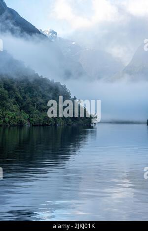 Ein neuer Morgen dämmert am Doutful Sound, Wolken hängen tief in den Bergen, Südinsel von Neuseeland Stockfoto