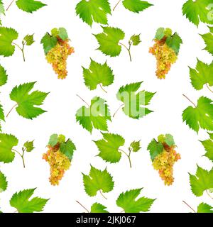 Trauben und Blätter isoliert auf weißem Hintergrund. Nahtlos wiederholende Muster Früchte. Stockfoto