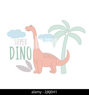 Baby Dino Karte mit Inschrift Vektor Illustration. Kind Zusammensetzung niedlichen Dinosaurier mit Palmblättern und Wolken. Charakter lächelnd.Super Dino Schriftzug Stock Vektor