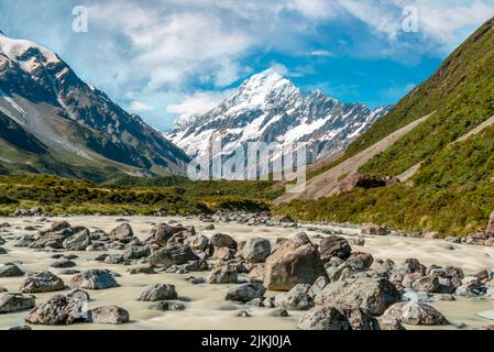 Berühmter Mount Cook vom Hooker Valley Track, Südinsel Neuseelands Stockfoto