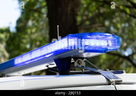 Eine flache Aufnahme von blauen Lichtern des Polizeiautos mit verschwommenen Bäumen im Hintergrund Stockfoto