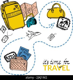 Zeit zum Reisen. Motivierender Header. Reisesbanner mit Cartoon-Koffer, Pässen und Gepäck. Fliegender Flug im Urlaub. Briefmarken mit Palmen. Vec Stock Vektor