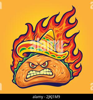 Angry köstliche mexikanische Taco mit lodernden Feuer Vektor-Illustrationen für Ihre Arbeit Logo, Merchandise-T-Shirt, Aufkleber und Label-Designs, Poster Stock Vektor