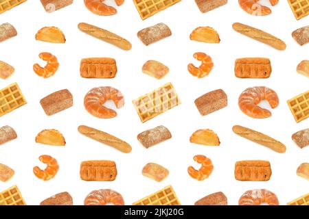 Nahtloses Muster frisches Brot Produkte isoliert auf weißem Hintergrund. Sich endlos wiederholende Textur. Stockfoto