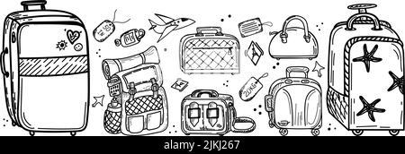 Set aus verschiedenen Arten von Gepäck, handgezeichneter Doodle im Sketch-Stil. Vektorgrafik. Große und kleine Koffer, kleine Tasche, Handgepäck, Valise, Stock Vektor