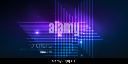 Hintergrund Tapete Neon leuchtende Linien und geometrische Formen. Dunkle Tapete für Konzept der KI-Technologie, Blockchain, Kommunikation, 5G, Wissenschaft, Bus Stock Vektor