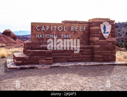 Eingangsschild, Capitol Reef National Park, Utah, USA, Stockfoto