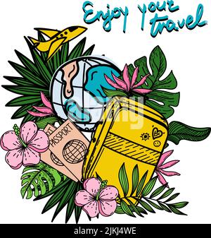 Genießen Sie Ihre Reise. Motivierender Header. Reise-Banner mit Cartoon-Koffer, Pässen und tropischen Blumen und Blättern. Fliegendes Flugzeug um den EA Stock Vektor