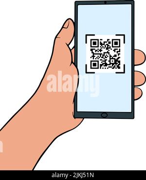 Hand hält ein Mobiltelefon mit QR-Code auf dem Bildschirm. Scannen von QR-Codes im Smartphone im Zeilenscanner. Barcode-Scanner für Bezahlung, Web, App, Promo. Vektorgrafik. Stock Vektor