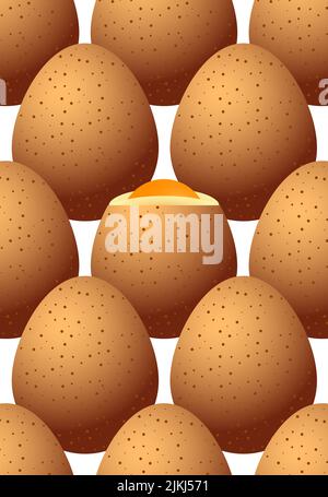 Hühnereier braun mit Flecken. Ein Ei wird darauf geschält. Nahtloses Muster auf transparentem Hintergrund Stock Vektor