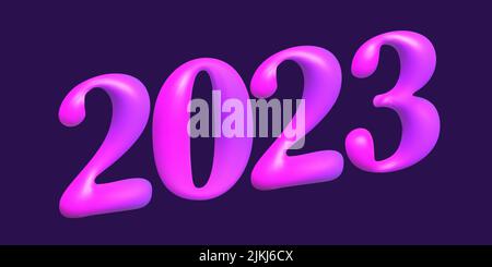 Frohes neues Jahr 2023. Leuchtende realistische 3D rosa Zahlen Inschrift auf lila Hintergrundgroßartig für Design Neujahrsposter, Weihnachtskarte, Banner, Header Stock Vektor