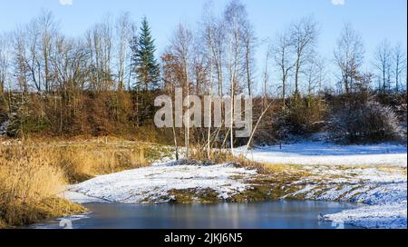 Einige blattlose Bäume wachsen auf einem Feld, das tagsüber vom See teilweise mit Schnee bedeckt ist. Stockfoto