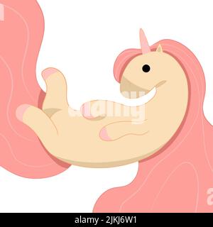 Ein schönes rosafarbenes Einhorn liegt und zeigt seine wunderschöne Mähne Stock Vektor