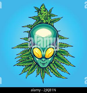Alien Kopf mit Unkrautpflanzen Vektor Illustrationen für Ihre Arbeit Logo, Merchandise T-Shirt, Aufkleber und Label-Designs, Poster, Grußkarten Stock Vektor