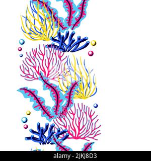 Nahtloses Muster mit Meeresalgen und Korallen. Meerwasseraquarium und Meeresflora. Stilisiertes Bild in hellen Farben. Stock Vektor