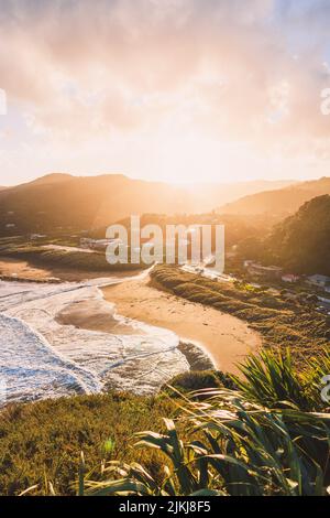 Eine wunderschöne Aussicht auf den Piha Beach und die Berge gegen den Abendhimmel bei Sonnenuntergang in Auckland, Neuseeland Stockfoto