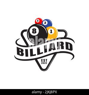 Billard Championship Sport Badge Design-Logo und einfachen Text, Billardraum oder Pool Club und Team, Billardball, Symbol, Symbol, Vorlage Stock Vektor