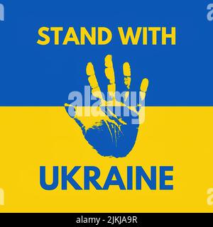 Die Flagge der Ukraine mit den Umrissen einer Palme mit der Aufschrift „STAND WITH UKRAINE“ Stockfoto