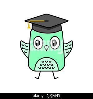 Cute Owl Feiert Den Abschluss. Kawaii Owl Mit College Cap. Fröhlich fröhlich Eule Vogel springen. Lustige Zeichentrickfigur. Ausbildung von Studenten. Vektor Stock Vektor