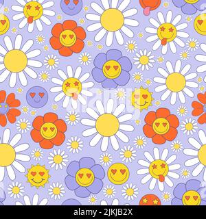 Retro floral Nahtloses Muster mit 70s, 80s Vibes groovigen Elementen. Aufkleber Nostalgie Cartoon funky Blume Macht, Gänseblümchen Blumen, Kamille, Smiley Fac Stock Vektor