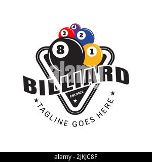 Billard-Design-Logo mit schwarzen, gelben, blauen, roten, violetten Kugeln und einfachem Text, Billardraum, Dreieck oder Billardclub, Billardball, Symbole Stock Vektor