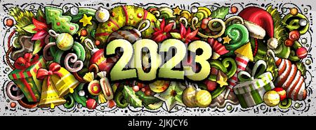 2023 Kritzeleien horizontale Abbildung. Neujahrs-Objekte und Elemente-Poster Stock Vektor