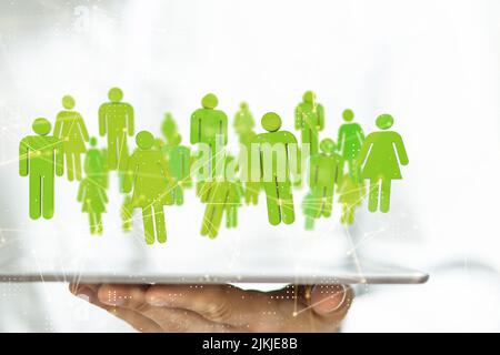 Ein Hologramm miteinander verbundener Menschen, die von der Tablette eines Mannes projiziert werden. Social Media, Konnektivität, Networking-Konzept Stockfoto