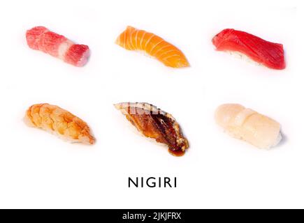 Stücke von Nigiri, verschiedene Arten des Kochens es mit verschiedenen Lebensmitteln. Traditionelle japanische Küche, Stockfoto