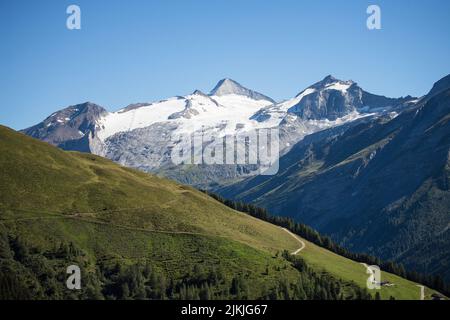 Eine malerische Aussicht auf einen grünen Hang eines Hügels gegen Berggipfel mit Schnee bedeckt an einem sonnigen Tag Stockfoto