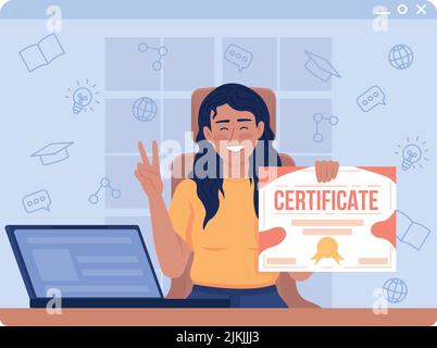 Lächelndes Mädchen hält Zertifikat 2D Vektor isolierte Illustration Stock Vektor