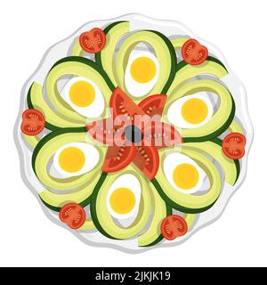 Teller mit Avocado, Tomaten und gekochten Eierhälften. Gesundes Frühstück, Blick von oben. Flacher Cartoon-Vektor isoliert auf weißem Hintergrund Stock Vektor