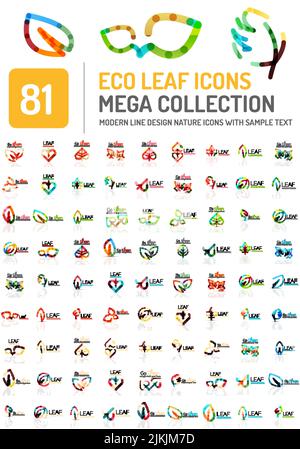 Öko Natur und Frühlingskonzept, verschiedene geometrische flache dünne Linie Design Blätter. Vector Mega Set Stock Vektor